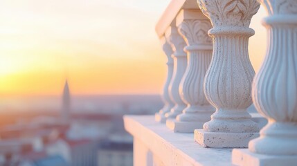 Fototapeta premium Ornate Balcony Railings Overlooking a Vibrant Cityscape at Sunset with Soft Warm Light