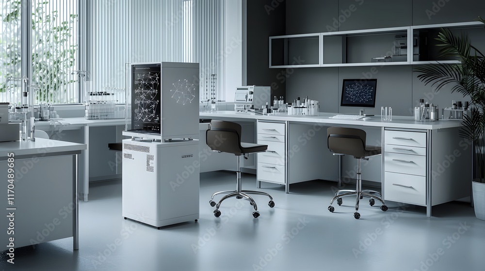 Poster cutting edge quantum computing laboratory analyzing complex protein structures to drive precision dr