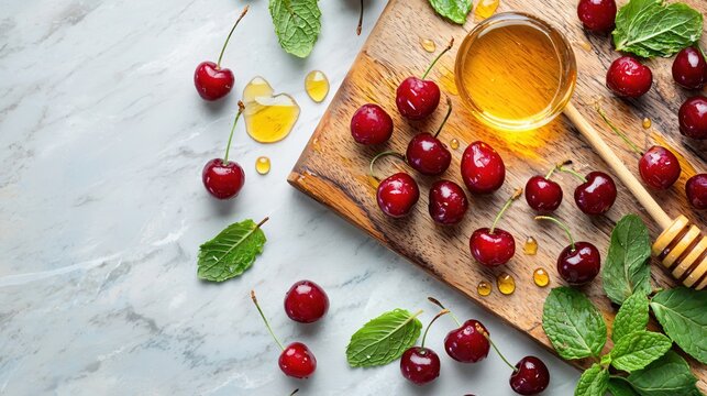 Fresh cherries with honey and mint on wooden board for healthy dessert or snack recipe