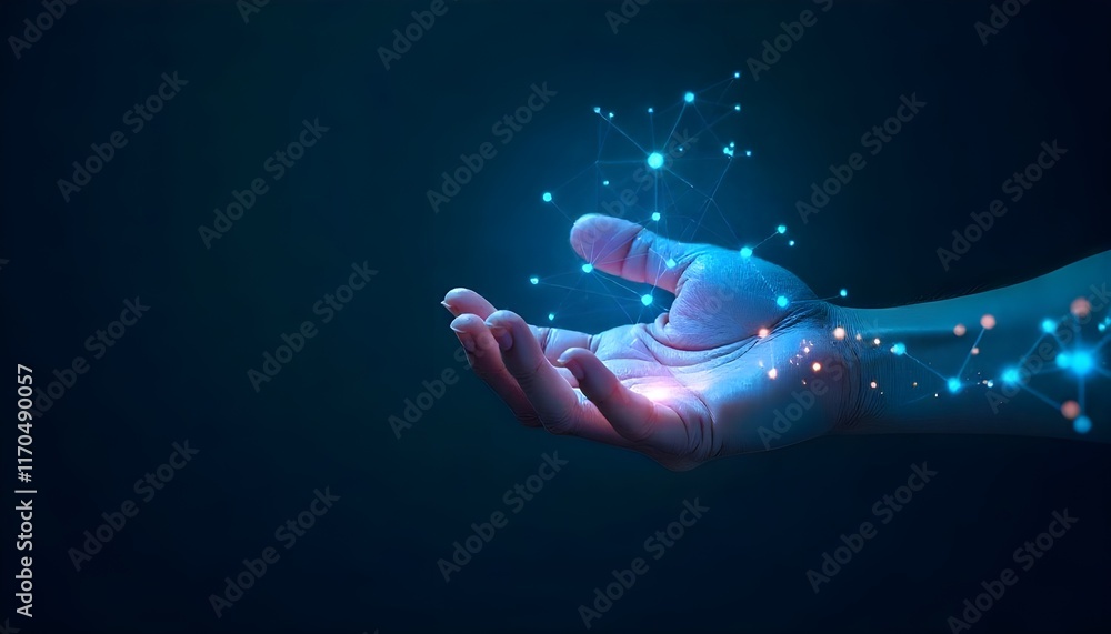 Poster A digital holographic hand on a dark background, featuring neural network connections. Represents communication with artificial intelligence