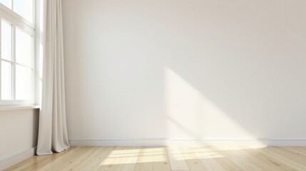 Bright Sunlight Illuminates Empty Room with White Walls and Light Wood Floor