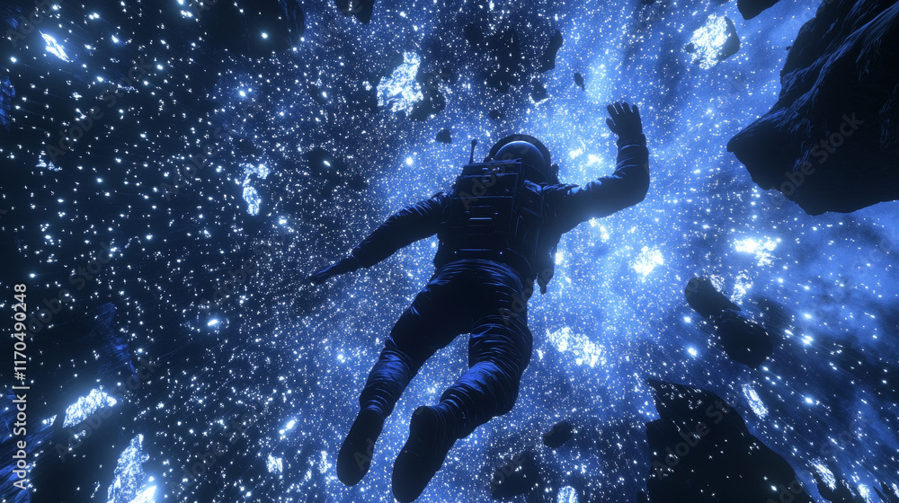 Poster astronaut in outer space. galaxy exploration program vector banner with cosmonaut in spacesuit flyin