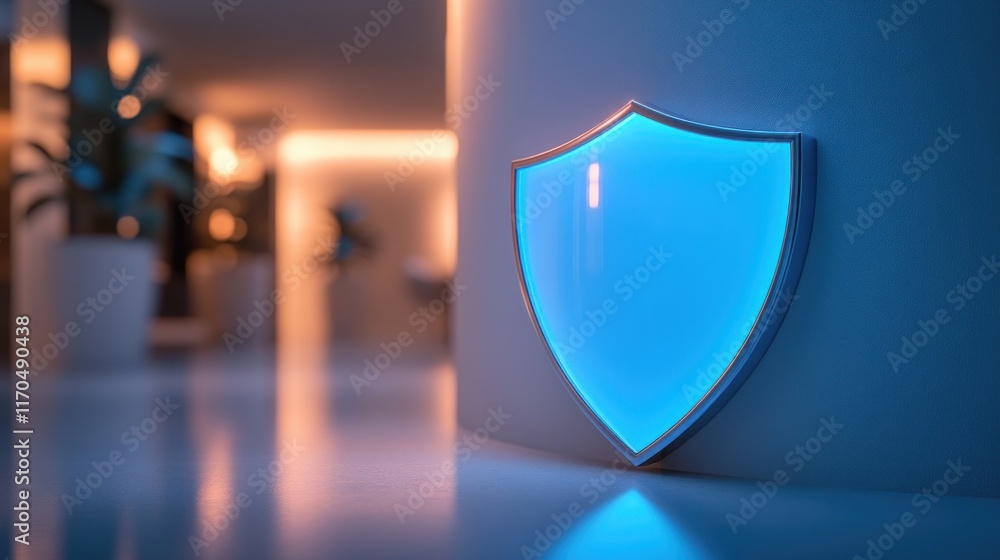Poster minimalist blue shield icon on white square with soft shadows and ambient lighting