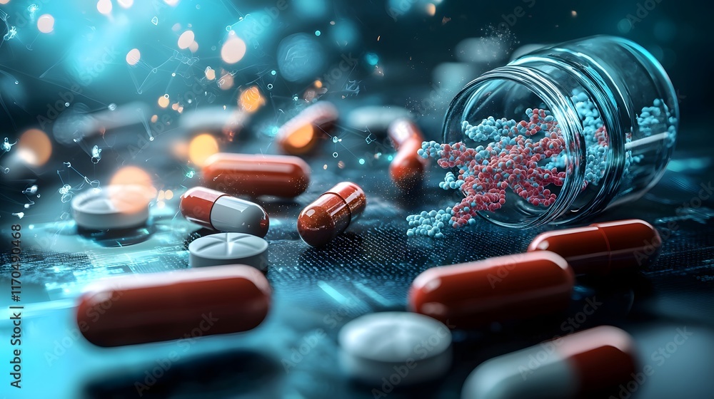 Poster quantum algorithms analyzing genetic data for personalized drug development on futuristic screens