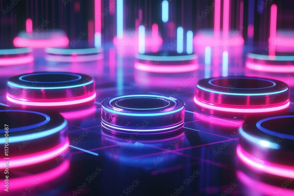 Poster futuristic neon circles on dark surface with glowing lines in vibrant colors and depth effect