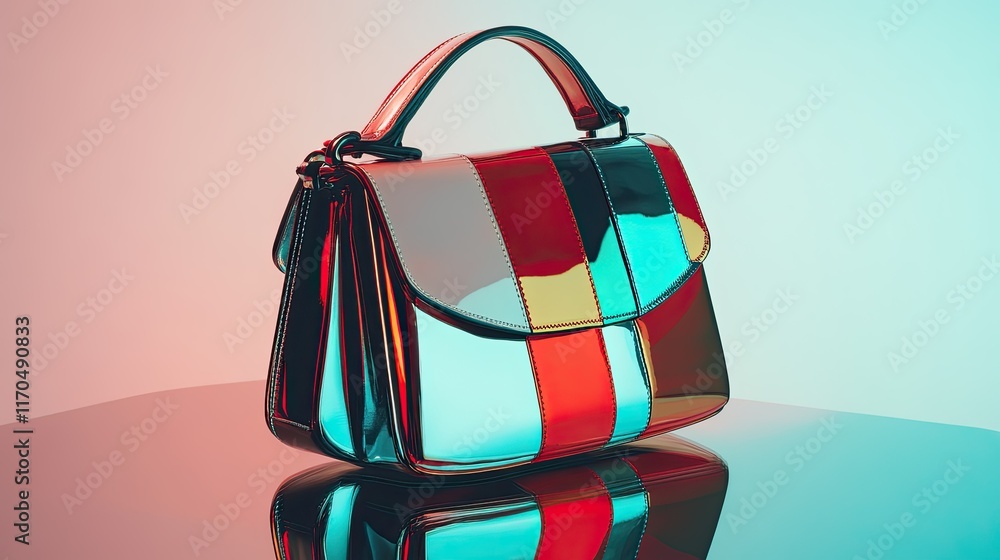 Poster stylish and modern handbag in glossy finish with colorful geometric pattern on a reflective surface 