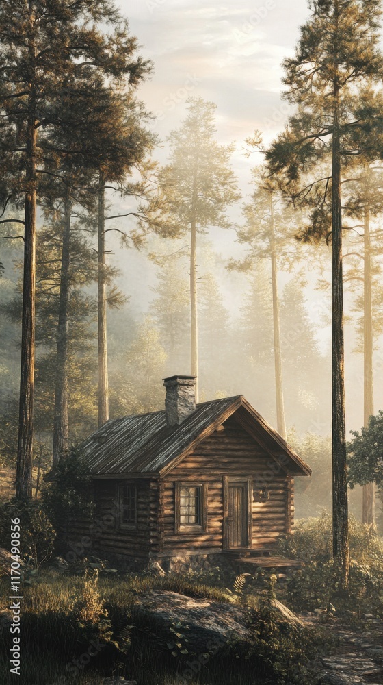 Aufkleber photorealistic depiction of a rustic wooden cabin surrounded by towering trees in a tranquil forest 