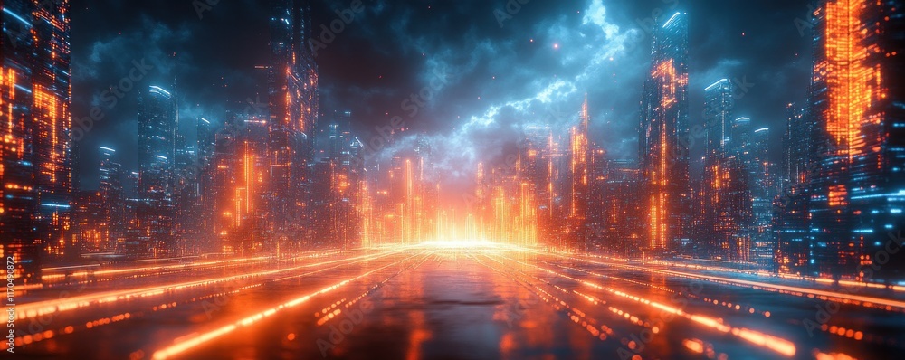 Aufkleber Futuristic Abstract Landscape Cyberpunk Background for Tech Processes Neural Networks AI Data Transfer Encryption and Digital Archives