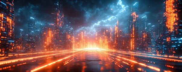 Obraz premium Futuristic Abstract Landscape Cyberpunk Background for Tech Processes Neural Networks AI Data Transfer Encryption and Digital Archives