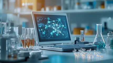 Naklejka premium A sleek futuristic laboratory with a quantum computer simulating the binding of drug molecules on holographic projections leaving ample copy space on the bottom right for text overlay