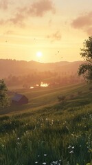 Vibrant sunrise illuminating a serene countryside landscape with rolling hills and a quiet pond