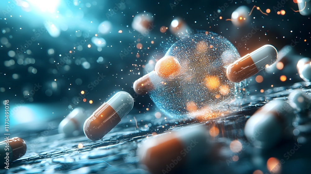 Poster quantum computing generating advanced simulations of drug efficacy and safety visualized in glowing 