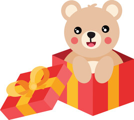 Cute teddy bear going out of red gift open
