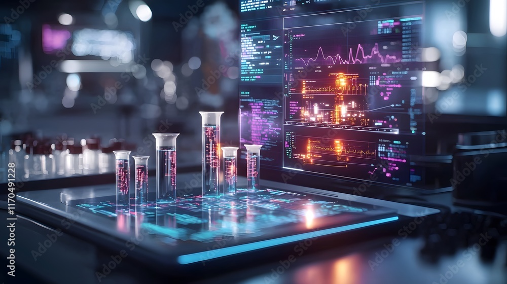 Poster quantum computing generating advanced simulations of drug efficacy and safety visualized in glowing 