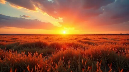 Obraz premium Golden Hour Sunset Over a Serene Grassland Landscape