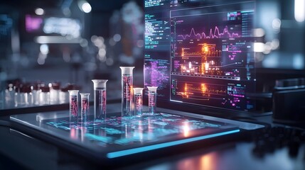 Quantum computing generating advanced simulations of drug efficacy and safety visualized in glowing data projections leaving copy space at the top