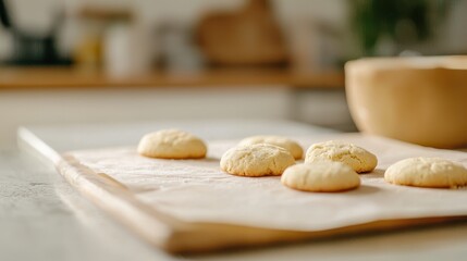 Freshly Baked Cookies Cooling on Rustic Wooden Surface in Warm Kitchen Setting