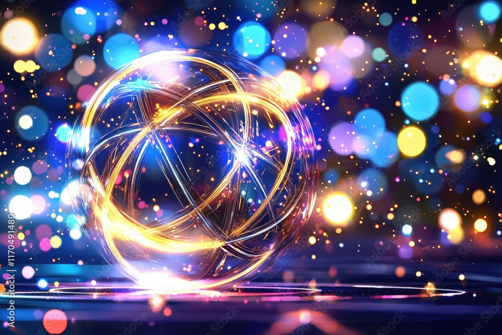 Poster abstract sphere with colorful lights in a dreamy bokeh background and sparkling effects