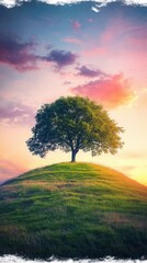 Obraz premium Lone tree standing majestically on a grassy hill during a colorful sunset in a serene landscape
