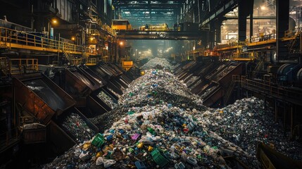 Industrial Waste Recycling Facility: Mountains of Plastic and Metal Await Processing