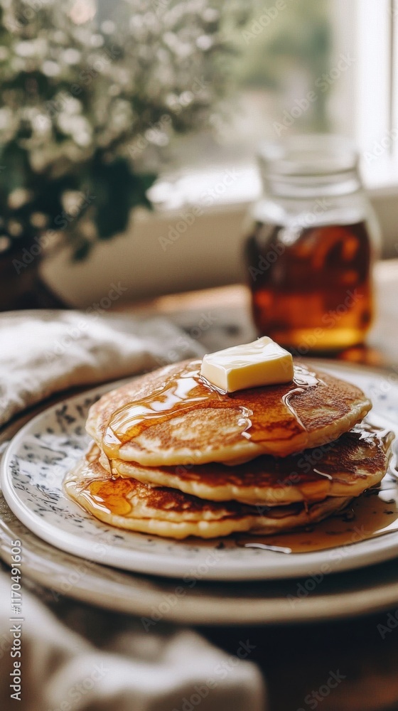 Aufkleber stack of fluffy pancakes topped with melting butter and syrup served in a cozy dining setting