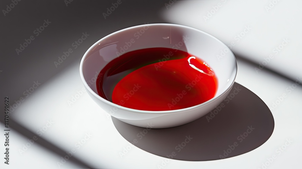 Poster bright red sauce in a shallow white bowl on a light surface with soft shadows creating a minimalist 