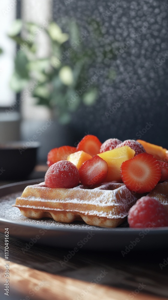 Poster close-up of a beautifully arranged plate with waffles topped with fresh berries and vibrant fruits o