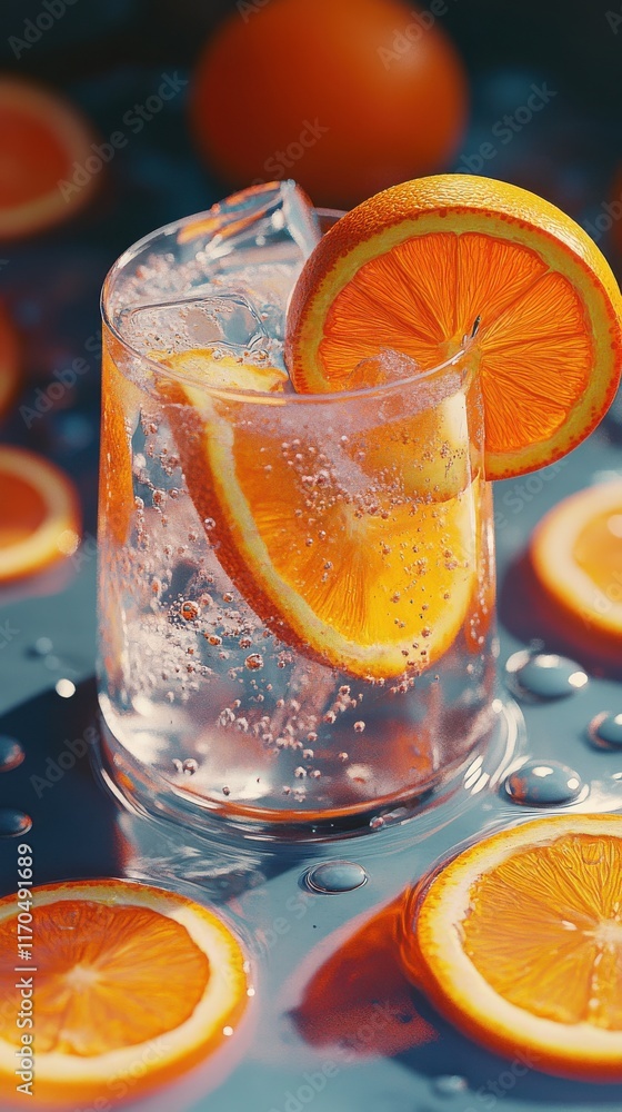 Poster Refreshing close-up of a sparkling glass with orange slices in vibrant summer setting