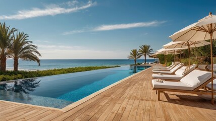 Obraz premium From sunbed on sundeck of luxury beach hotel with a pool, panoramic view of sparkling sea and golden sandy shore stretches out before you, creating an idyllic setting for a vacation home or hotel stay
