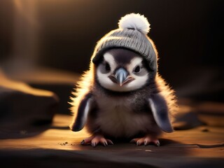 Fototapeta premium an AI Image Generator, , Penguin Chick Wearing a Cozy Winter Beanie Hat