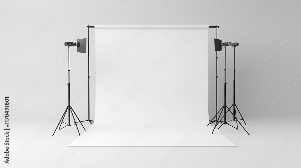 Poster empty photo studio setup with lights and backdrop.