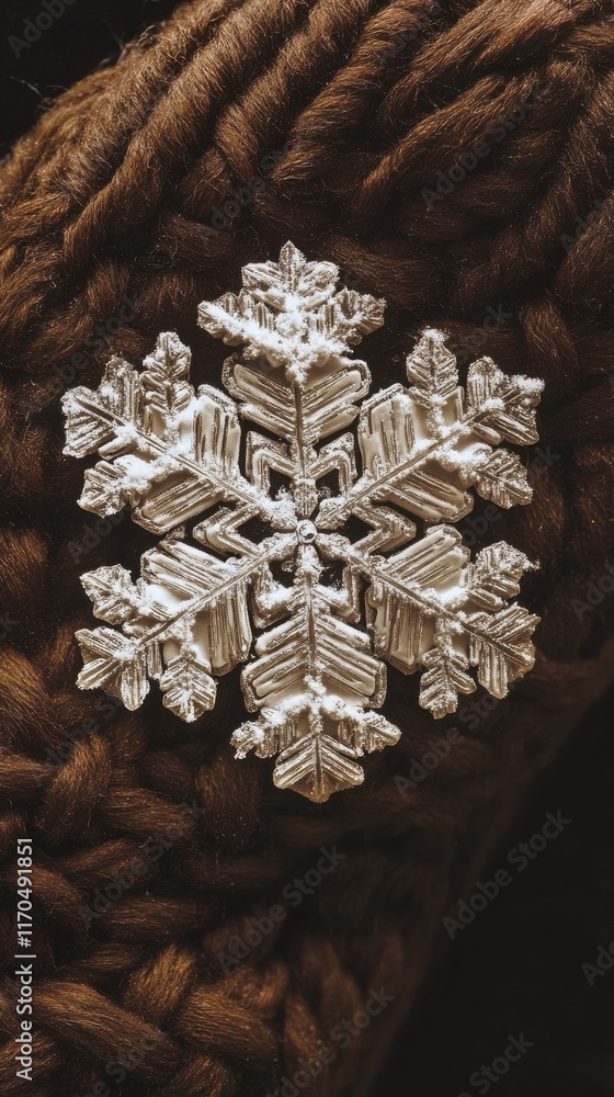 Aufkleber close-up view of a stunning snowflake resting on dark textured fabric in winter