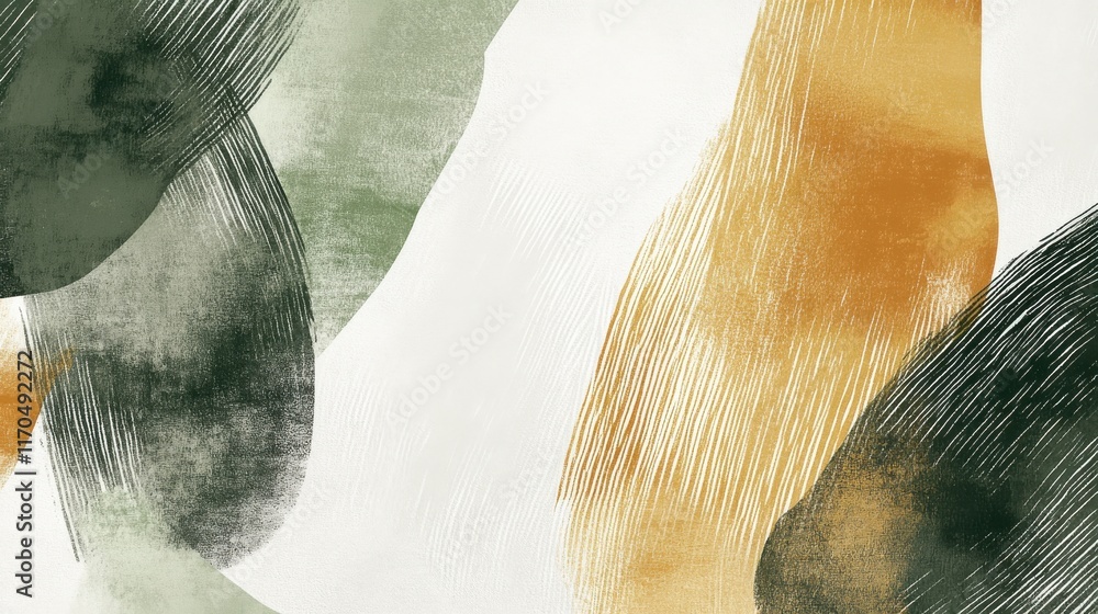Poster delicate abstract art with soft green and gold shapes on a white minimalist background