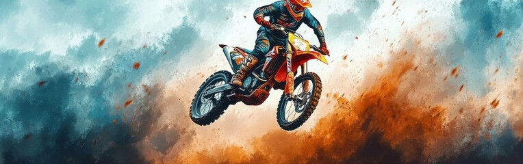 Dynamic motocross rider soaring through the air against a vibrant watercolor background of blue and orange