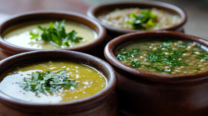 Egyptian cuisine Ramadan dishes, vector Arabian food of meat, vegetable, bean and fish. Lentil, tomato and trotter soups with sesame bread kesra, eggplant salad zaalouk and broad bean soup bissara