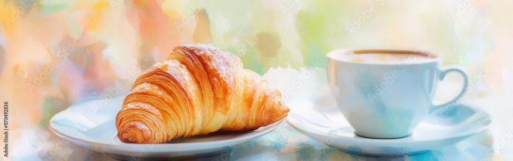 Poster enjoying a fresh croissant with a warm cup of coffee in a cozy setting