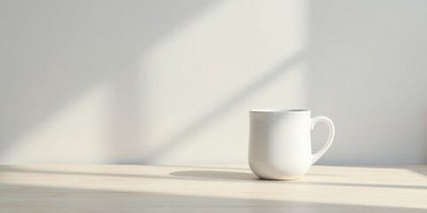 Fototapeta premium Serene Minimalist Scene White Mug on Light Wooden Surface with Sunlight Shadows