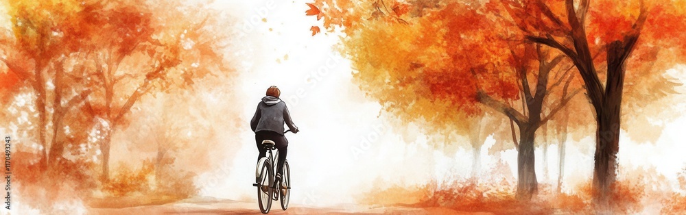 Poster candid moment of a cyclist enjoying autumn colors on a serene path surrounded by vibrant foliage