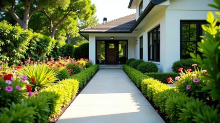 Landscaped Pathway Leading to a Modern Home with Lush Greenery and Vibrant Flowers