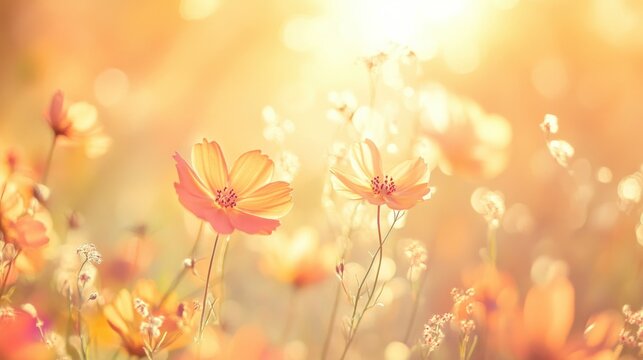 Sunlit garden blooms with pastel amber and coral haze during a warm afternoon in early summer