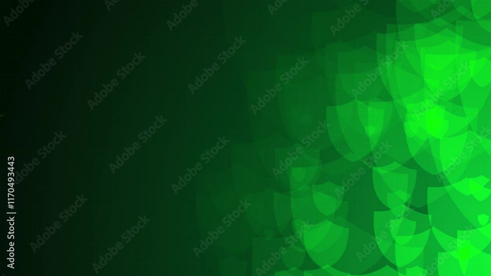 Poster green shield shapes are moving from the bottom right of a gradient grid abstract background, horizon