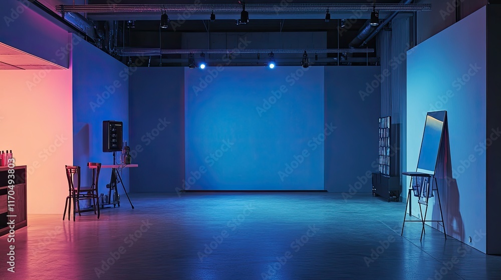 Poster minimalist modern studio space with ambient lighting and empty background ideal for creative photogr