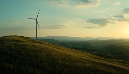 Sunset over rolling hills with a wind turbine generating clean energy