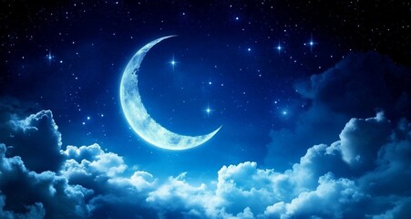 Fototapeta premium Crescent Moon Night Sky Clouds, Stars, Composition, Digital Art, Night scene Night sky, digital art