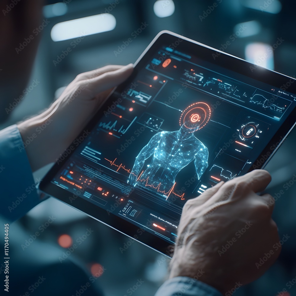 Aufkleber close up view of a physician interacting with virtual health records displayed on a tablet device in