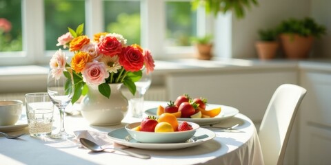 Sunlit Breakfast Table with Vibrant Floral Arrangement and Fresh Fruit