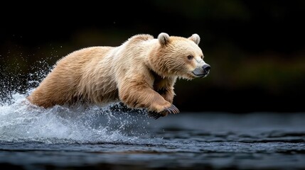Obraz premium Brown bear leaping into water alaskan wilderness wildlife photography natural environment action shot animal behavior