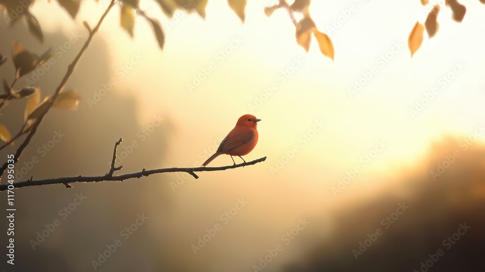 Aufkleber a bird roosting on a branch at dusk with soft light illuminating its feathers