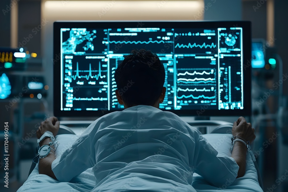 Aufkleber ai driven doctor analyzing holographic patient data on futuristic healthcare interface in bright mod