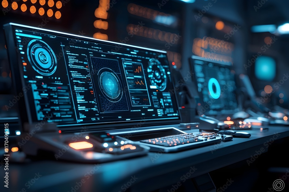 Poster cutting edge medical research laboratory featuring a futuristic technology interface for advanced an